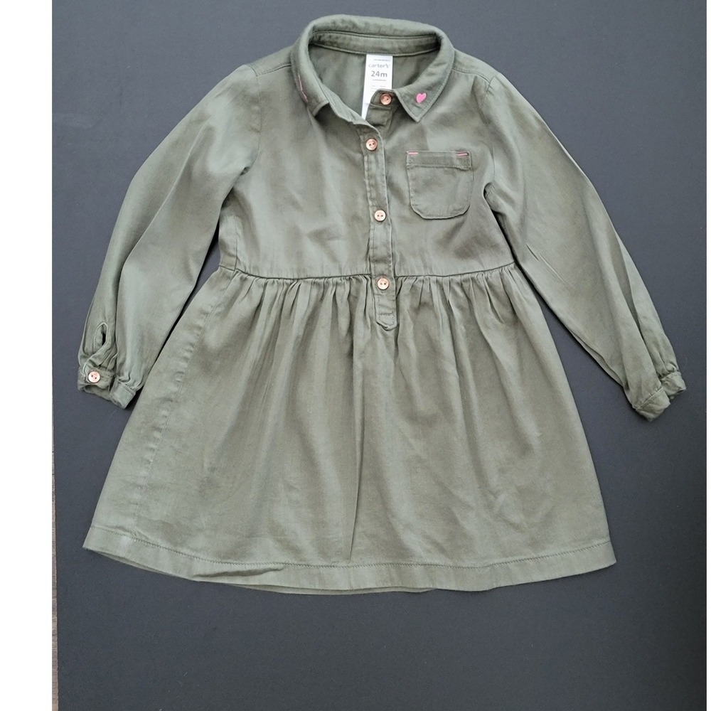 Carters Girls Olive Green Twill Shirt Dress 24M Long Sleeve Pink Love Heart